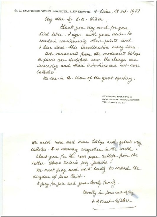 Handwritten Letter from Arch Lefebvre - necessary to conditionally ordain Handwritten Letter from Arch Lefebvre - necessary to conditionally ordain